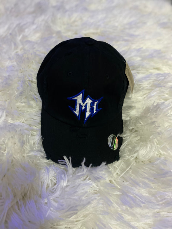 Black Distressed MH Dad Hat W/ Royal blue/White Logo