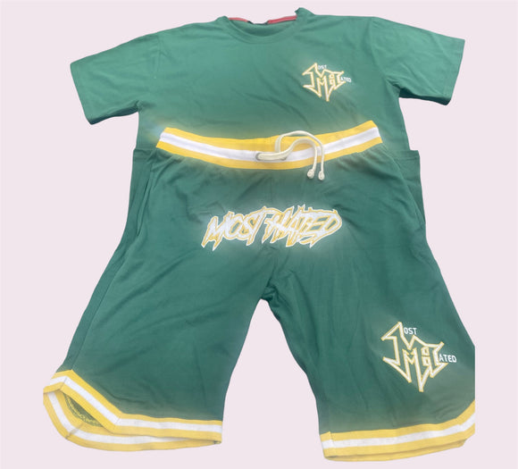 GREEN/YELLOW/WHITE MOST HATED BASKETBALL SHORT SET (w/zipper)