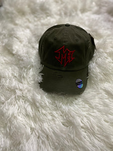 Distressed Olive Dad Hat w/ Red MH Logo