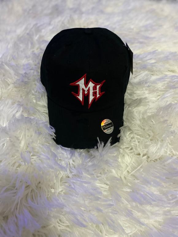 Black Distressed MH Dad Hat W/ Red/ White Logo